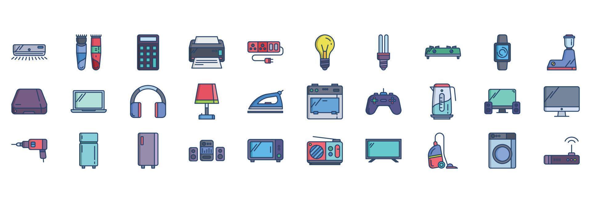 Collection of icons related to Home appliances, including icons like Printer, Bulb, Microwave oven, Washing machine and more. vector illustrations, Pixel Perfect set