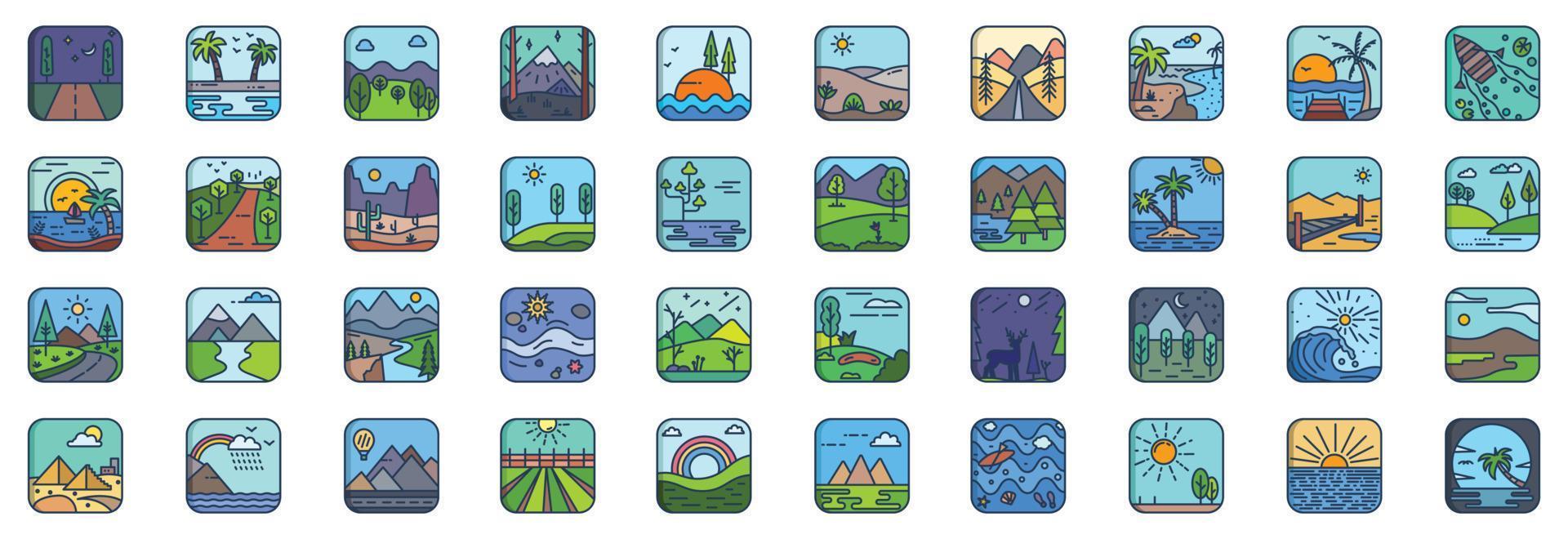 Collection of icons related to Nature Landscape, including icons like River, mountain, tree, sky and more. vector illustrations, Pixel Perfect set