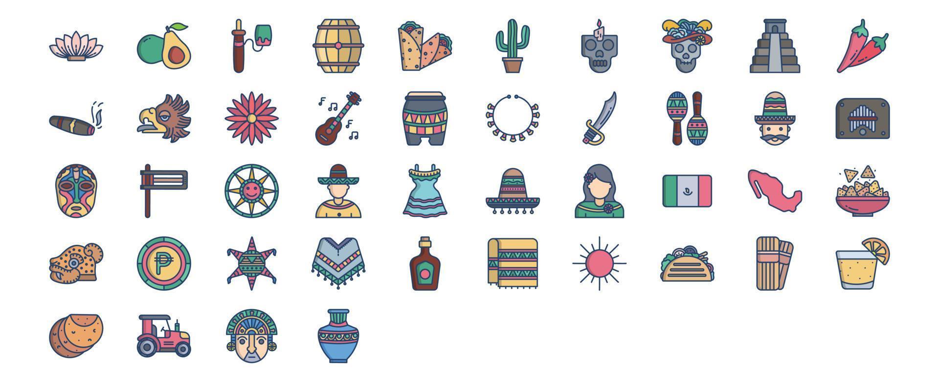 Collection of icons related to Mexico national and culture, including icons like Agave, Avocado, Barrel, Burrito and more. vector illustrations, Pixel Perfect set