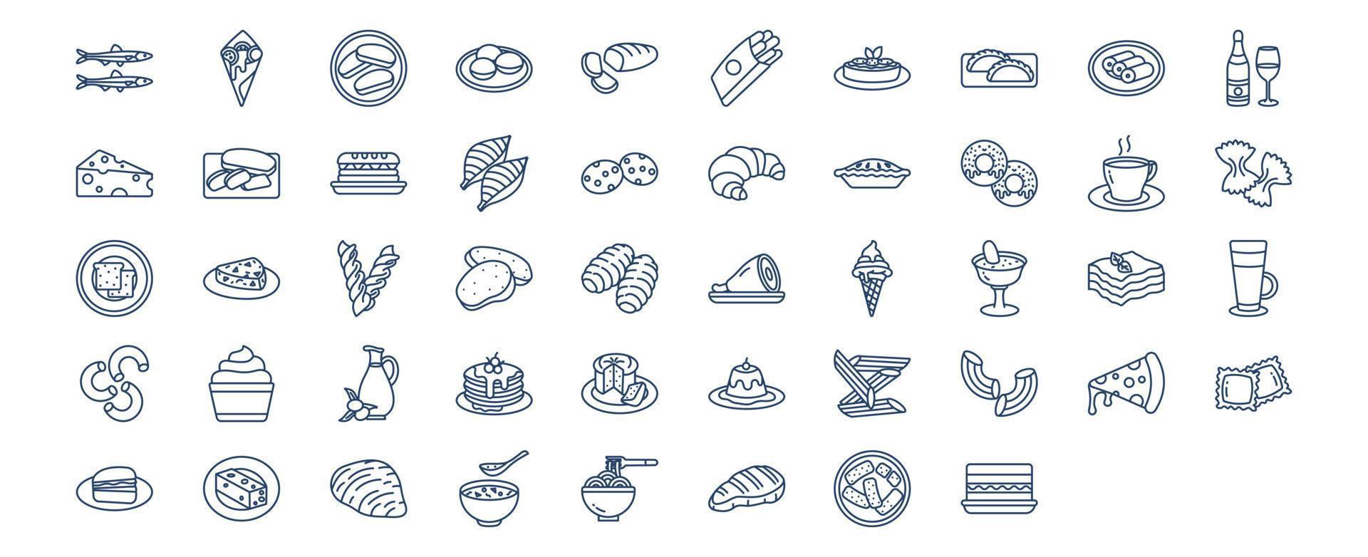 Collection of icons related to Italian food and dish, including icons like Anchovy, Arancini, Biscotto, Bombolone and more. vector illustrations, Pixel Perfect set