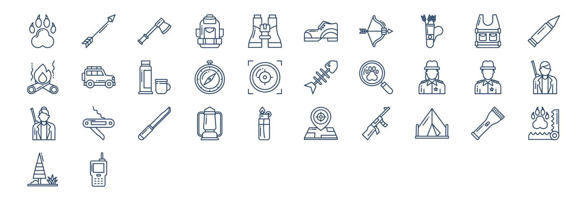 Collection of icons related to Hunting and camping, including icons like Animal, Arrow, Axe, Backpack and more. vector illustrations, Pixel Perfect set