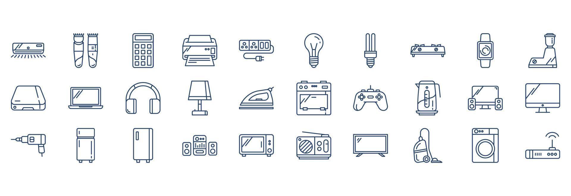 Collection of icons related to Home appliances, including icons like Printer, Bulb, Microwave oven, Washing machine and more. vector illustrations, Pixel Perfect set