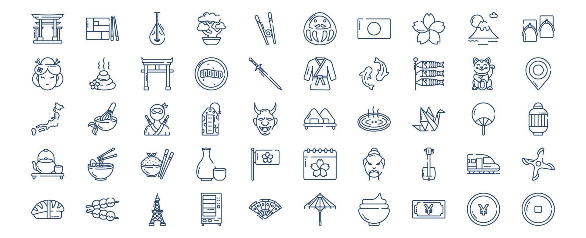 Collection of icons related to Japan country and culture icon set, including icons like Bento, Biwa, Bonsai, Chop stick and more. vector illustrations, Pixel Perfect set