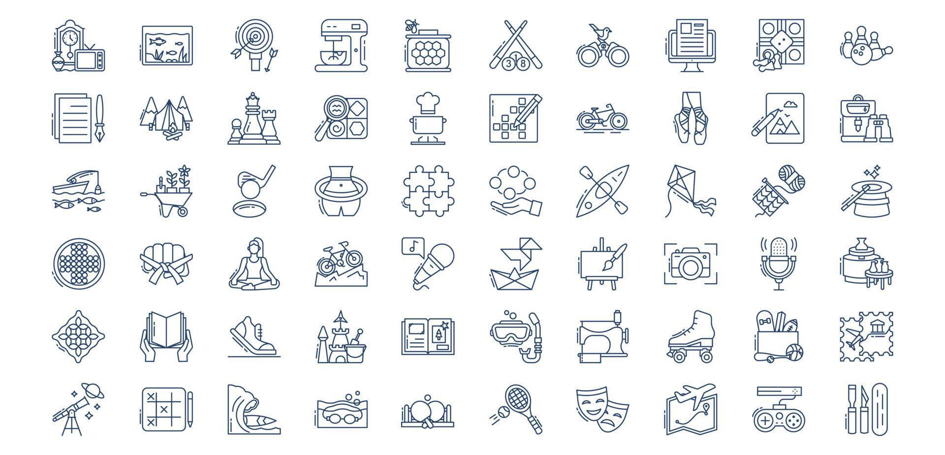 colección de íconos relacionados con pasatiempos e intereses, incluidos íconos como acampar, andar en bicicleta, navegar en kayak, golf y más. ilustraciones vectoriales, conjunto perfecto de píxeles vector