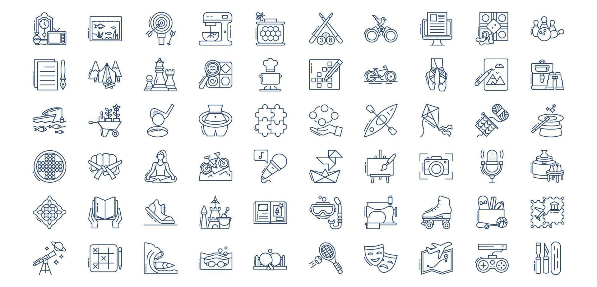 Collection of icons related to Hobby and interests, including icons like Camping, Cycling, Kayaking, Golf and more. vector illustrations, Pixel Perfect set