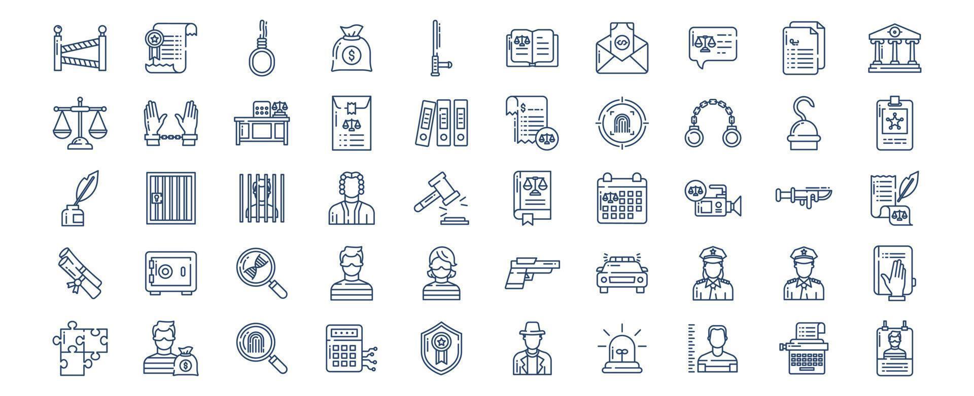 Collection of icons related to Law and Crime, including icons like Police, Custody, Court, Handcuffs and more. vector illustrations, Pixel Perfect set