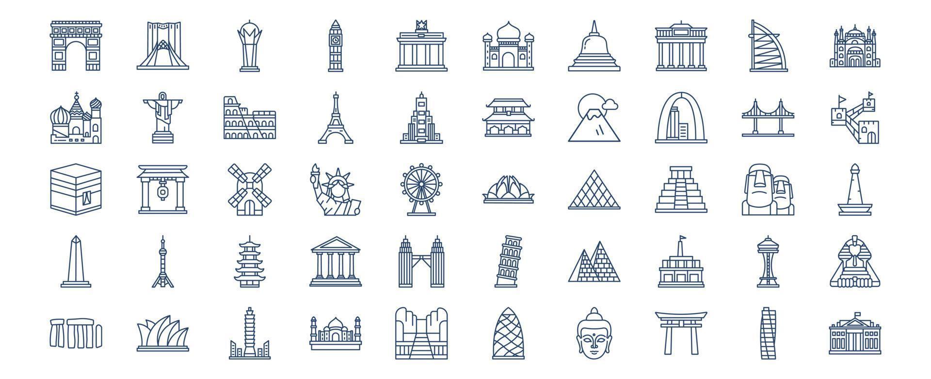 Collection of icons related to World famous landmarks, including icons like Taj Mahal, Taipei, Torii and more. vector illustrations, Pixel Perfect set