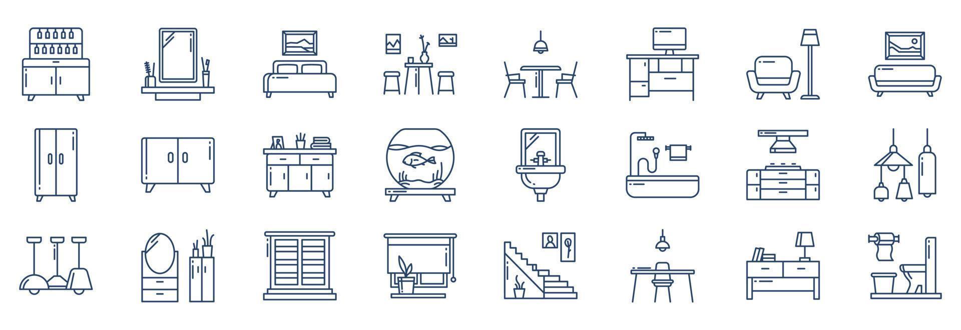 colección de íconos relacionados con la decoración de interiores y el hogar, incluidos íconos como bar, cama, mesa de café, sofá y más. ilustraciones vectoriales, conjunto perfecto de píxeles vector