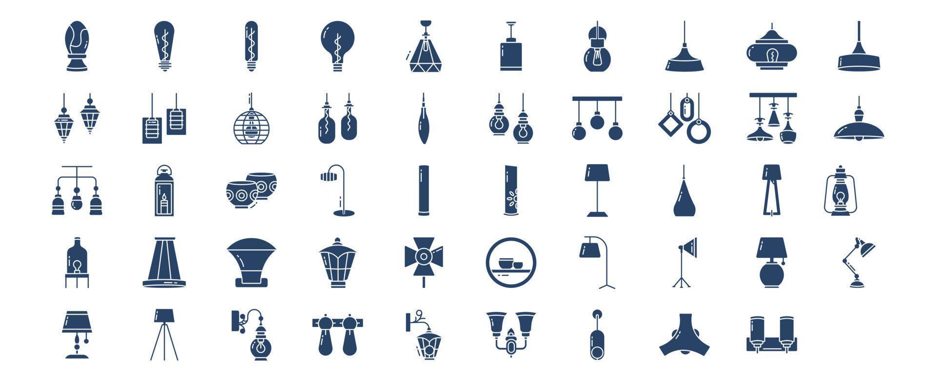 Collection of icons related to Lighting and bulb light, including icons like Bed lamp, Bulb, Decor Light and more. vector illustrations, Pixel Perfect set