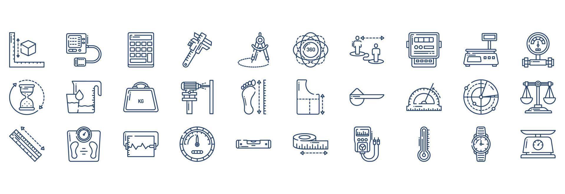 Collection of icons related to Measurements, including icons like Calculator, Caliper, Compass, Degree and more. vector illustrations, Pixel Perfect set