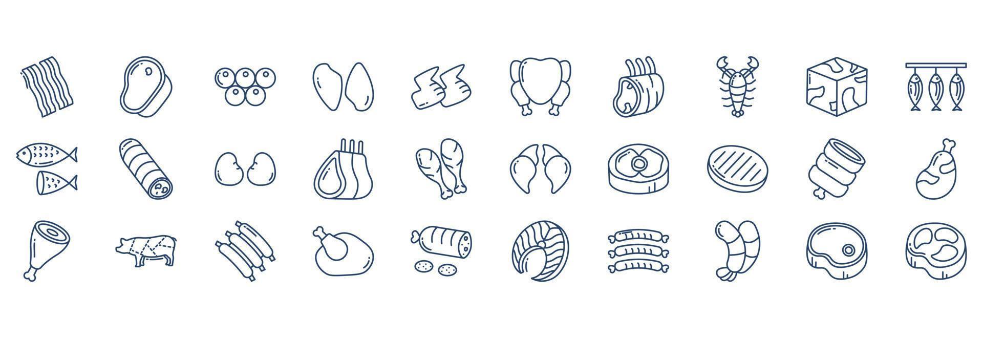 Collection of icons related to Meat and Non veg, including icons like Bacon strips, Beef, Caviar, Chicken breast and more. vector illustrations, Pixel Perfect set