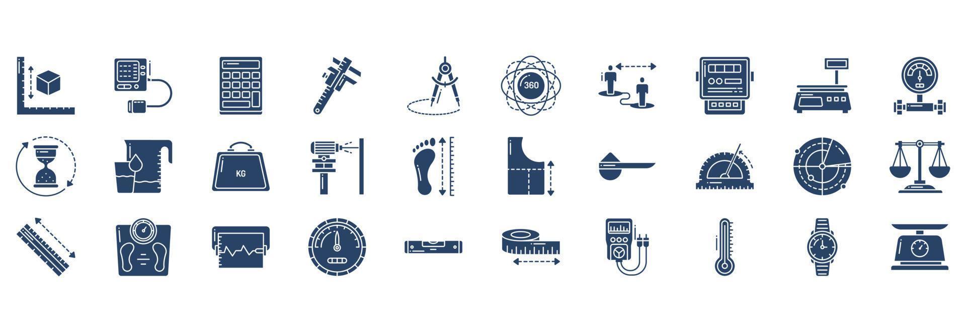 Collection of icons related to Measurements, including icons like Calculator, Caliper, Compass, Degree and more. vector illustrations, Pixel Perfect set