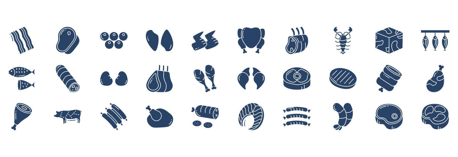 Collection of icons related to Meat and Non veg, including icons like Bacon strips, Beef, Caviar, Chicken breast and more. vector illustrations, Pixel Perfect set