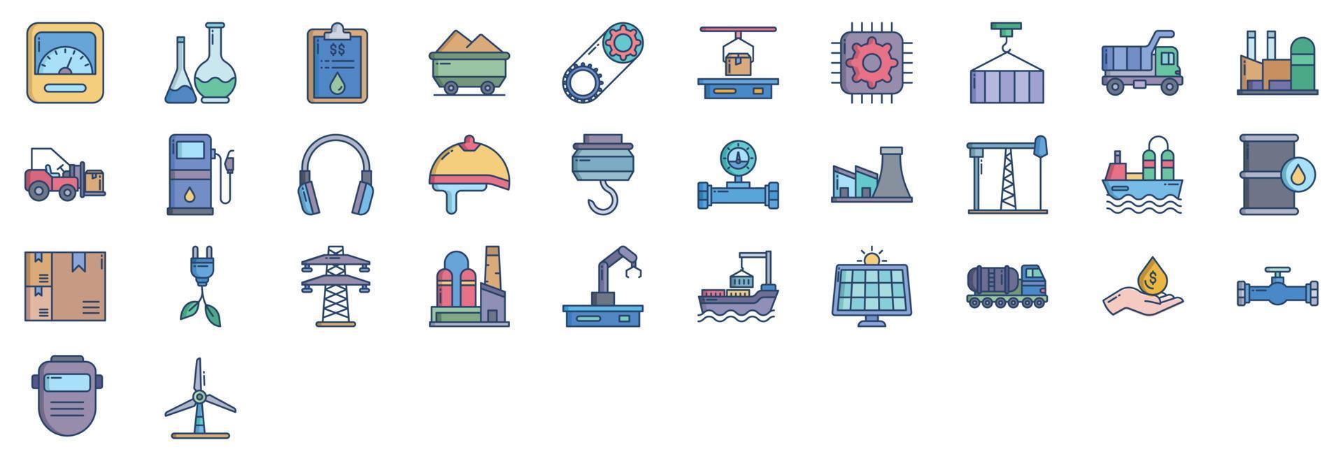 Collection of icons related to Industry and factory, including icons like Dump Truck, Coal,  Oil, Crane and more. vector illustrations, Pixel Perfect set