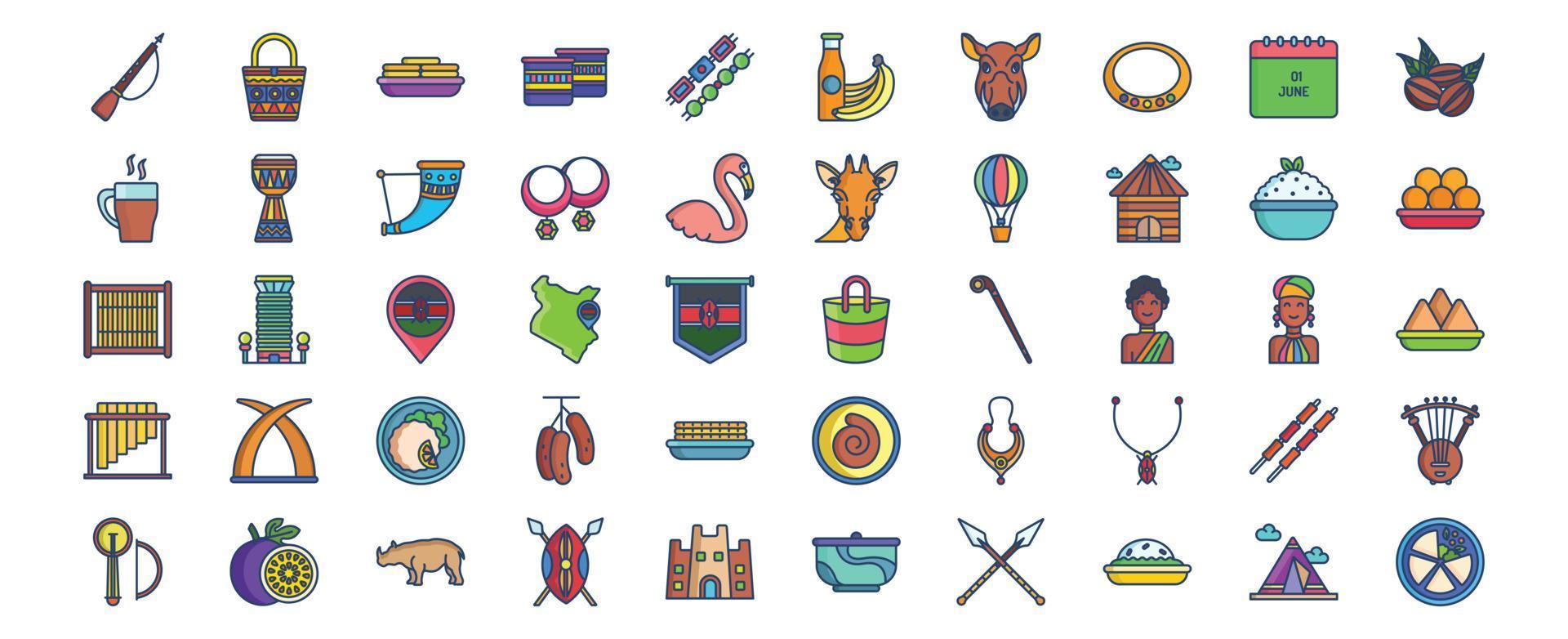 Collection of icons related to Kenya country and culture, including icons like Maasai,  Bracelet, Djembe, Drinking Horn, and more. vector illustrations, Pixel Perfect set