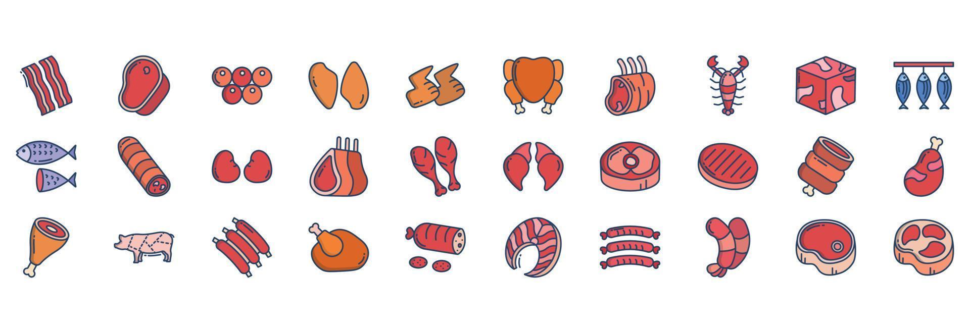 colección de íconos relacionados con carne y no vegetales, incluidos íconos como tiras de tocino, carne de res, caviar, pechuga de pollo y más. ilustraciones vectoriales, conjunto perfecto de píxeles vector