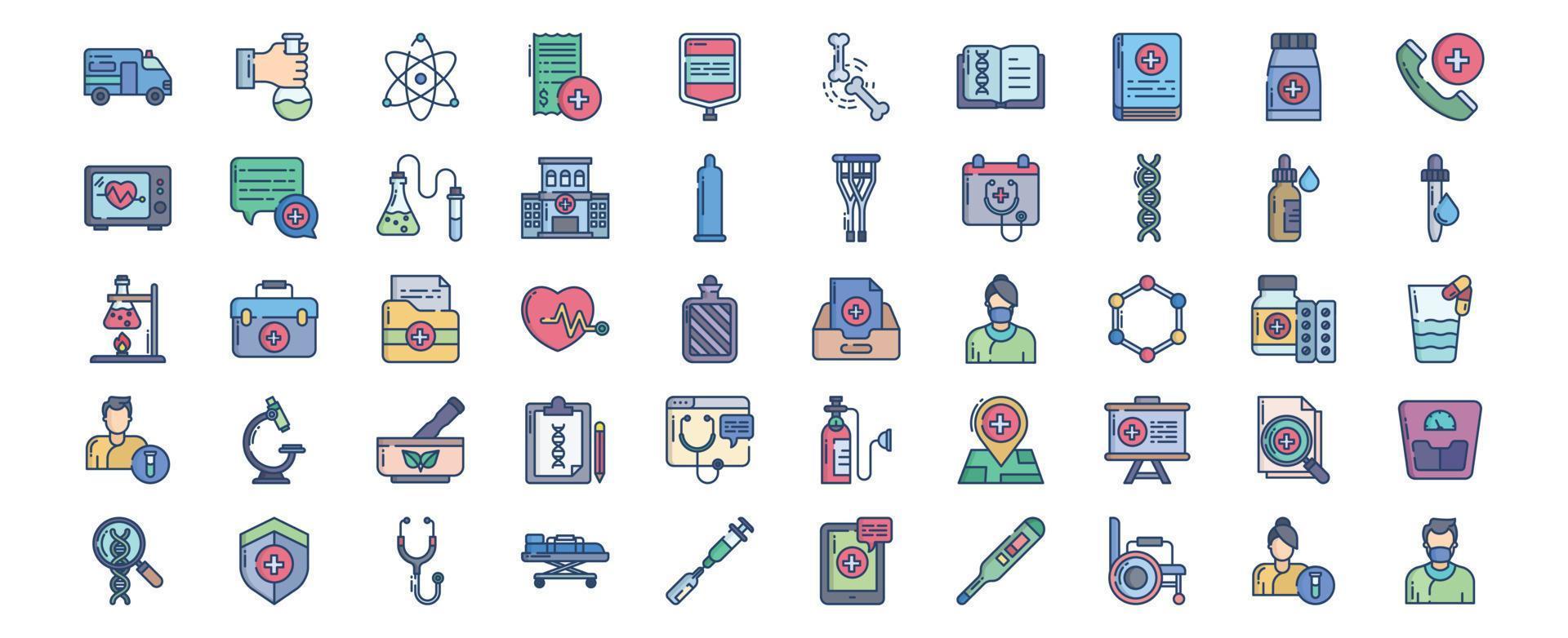 colección de íconos relacionados con la medicina y el hospital, incluidos íconos como ambulancia, átomo, sangre, hueso y más. ilustraciones vectoriales, conjunto perfecto de píxeles vector