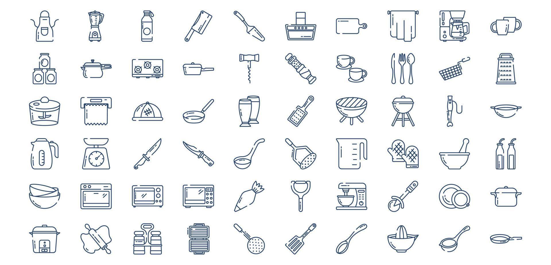 Collection of icons related to Kitchen Tools, including icons like Apron, Butcher knife, Cooker, Coffee mug and more. vector illustrations, Pixel Perfect set