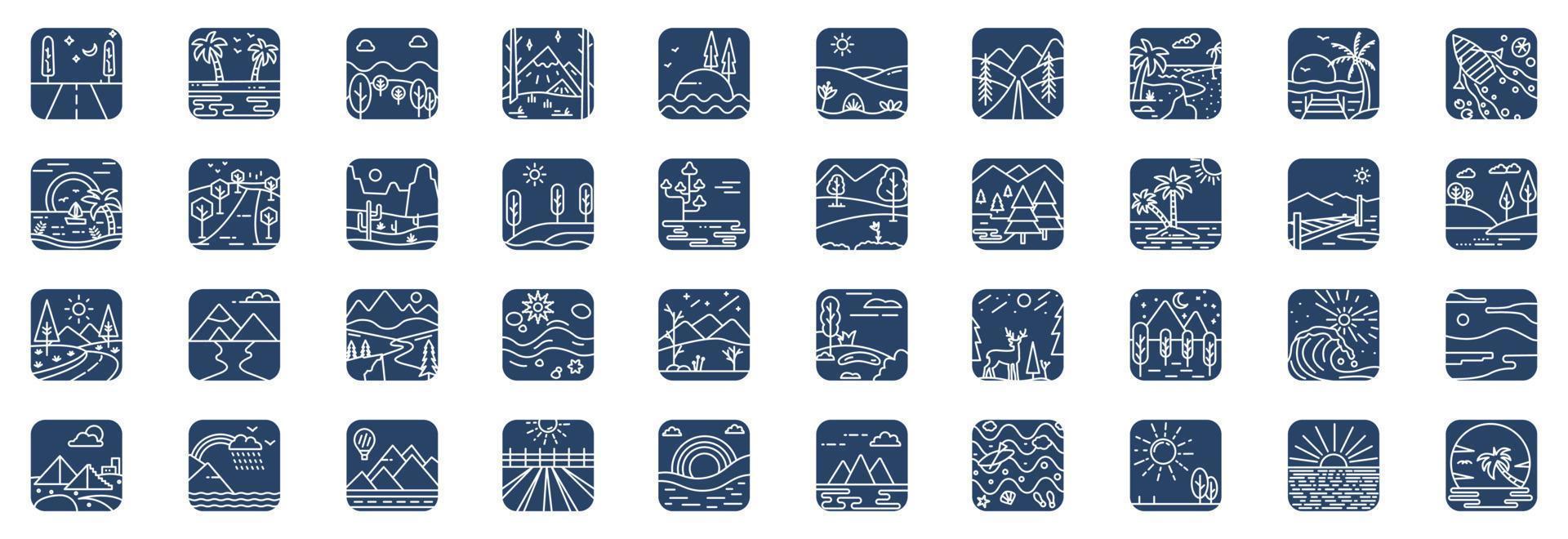 Collection of icons related to Nature Landscape, including icons like River, mountain, tree, sky and more. vector illustrations, Pixel Perfect set