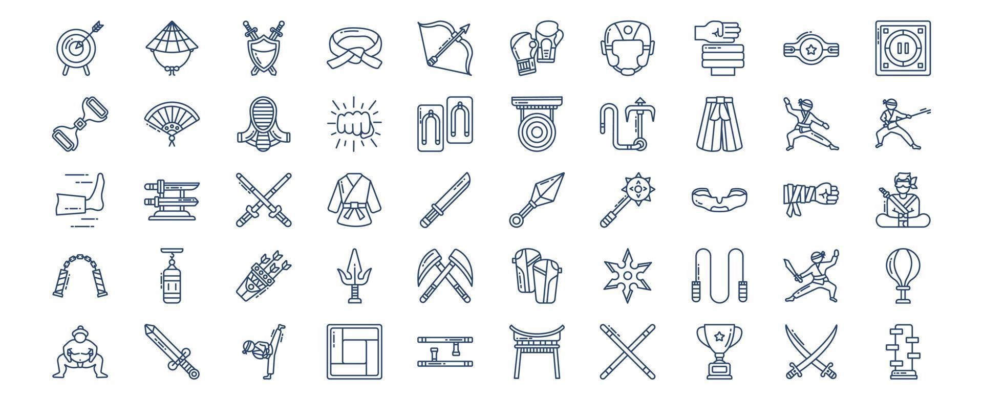 Collection of icons related to Martial arts and karate, including icons like Judo, Ninja, Sumo, Kick and more. vector illustrations, Pixel Perfect set