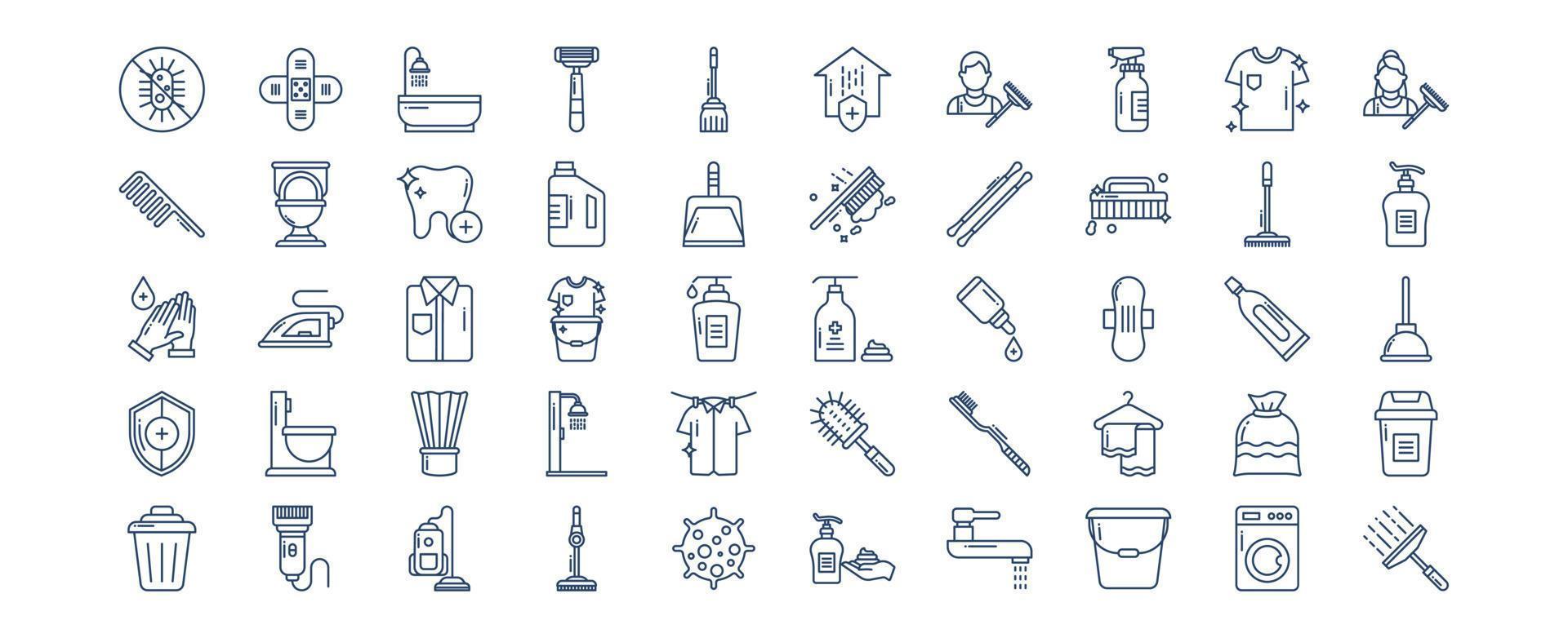 Collection of icons related to Hygiene and Cleaning, including icons like Bandage, Bathroom tub, Broom, Comb and more. vector illustrations, Pixel Perfect set