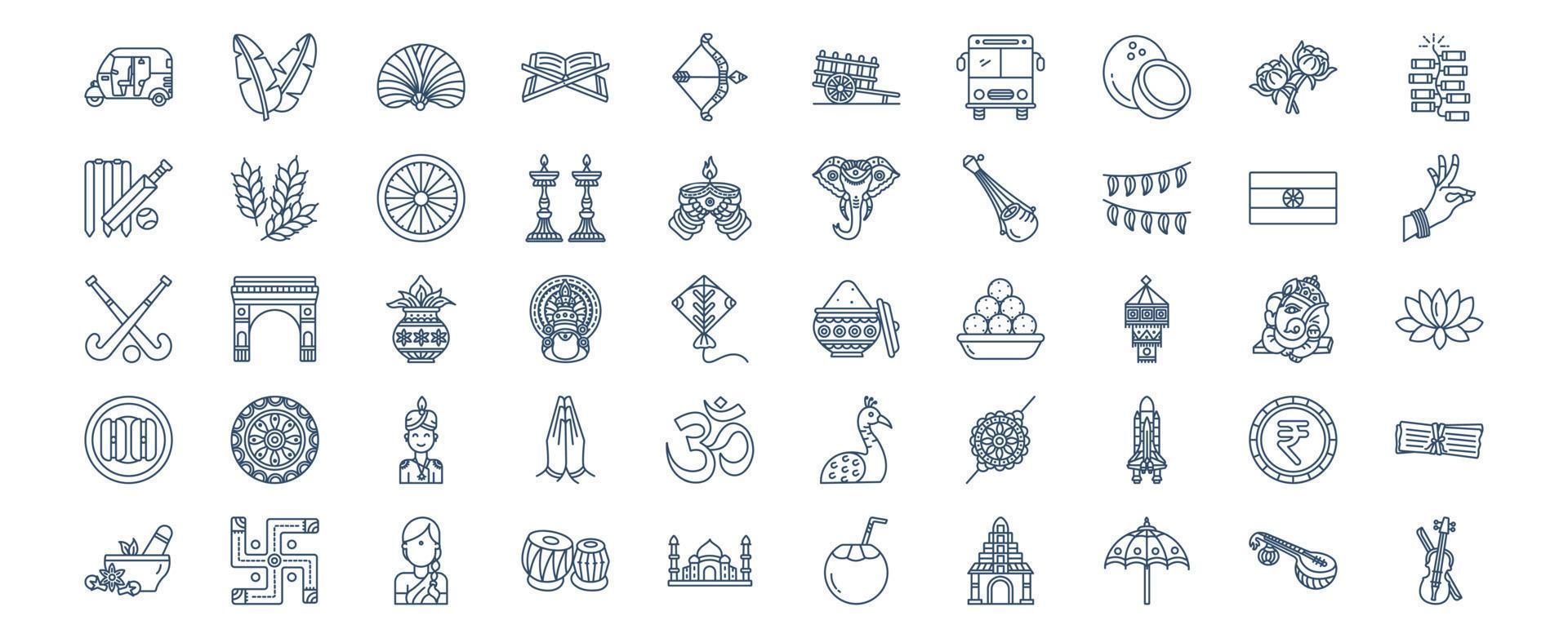 colección de íconos relacionados con el país y la cultura de la India, incluidos íconos como hoja de plátano, coco, hokey, elefante y más. ilustraciones vectoriales, conjunto perfecto de píxeles vector