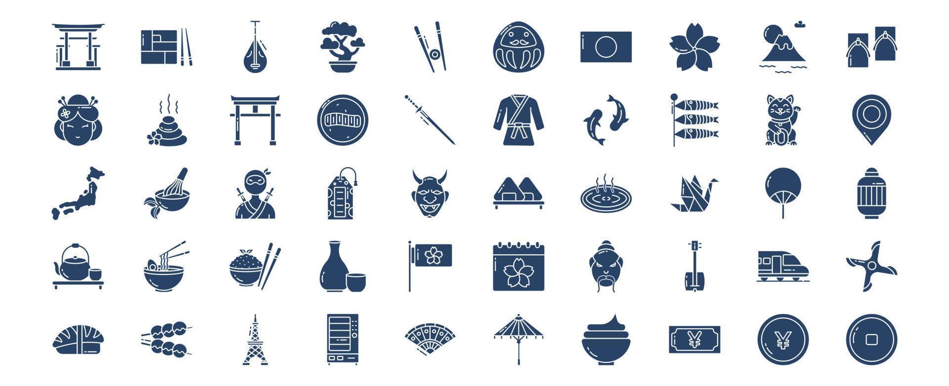 Collection of icons related to Japan country and culture icon set, including icons like Bento, Biwa, Bonsai, Chop stick and more. vector illustrations, Pixel Perfect set