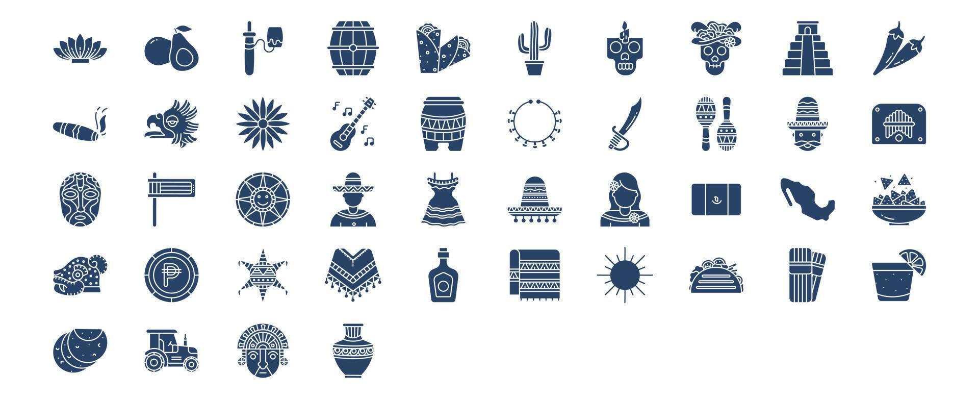 Collection of icons related to Mexico national and culture, including icons like Agave, Avocado, Barrel, Burrito and more. vector illustrations, Pixel Perfect set