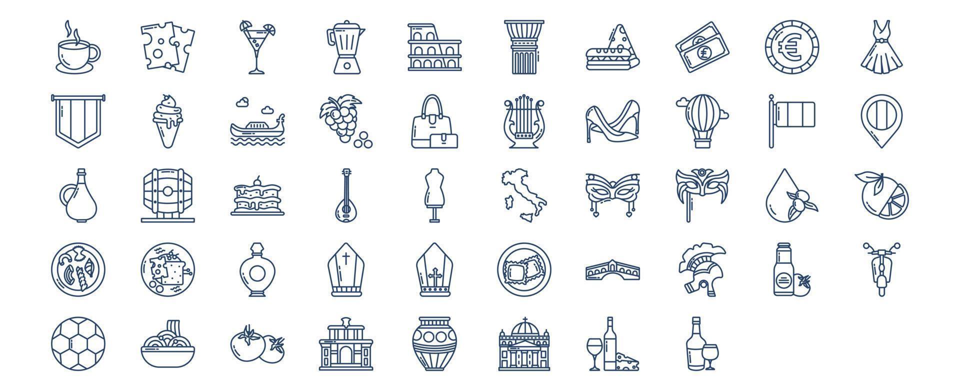 Collection of icons related to Italy country and culture, including icons like Cappuccino, Cheese, Cocktail, Coffee Pot and more. vector illustrations, Pixel Perfect set
