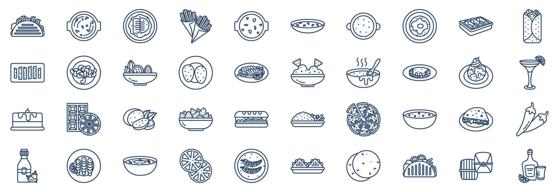 Collection of icons related to Mexican food, including icons like Soup, Cocido, Churro, Duros, Fajita and more. vector illustrations, Pixel Perfect set
