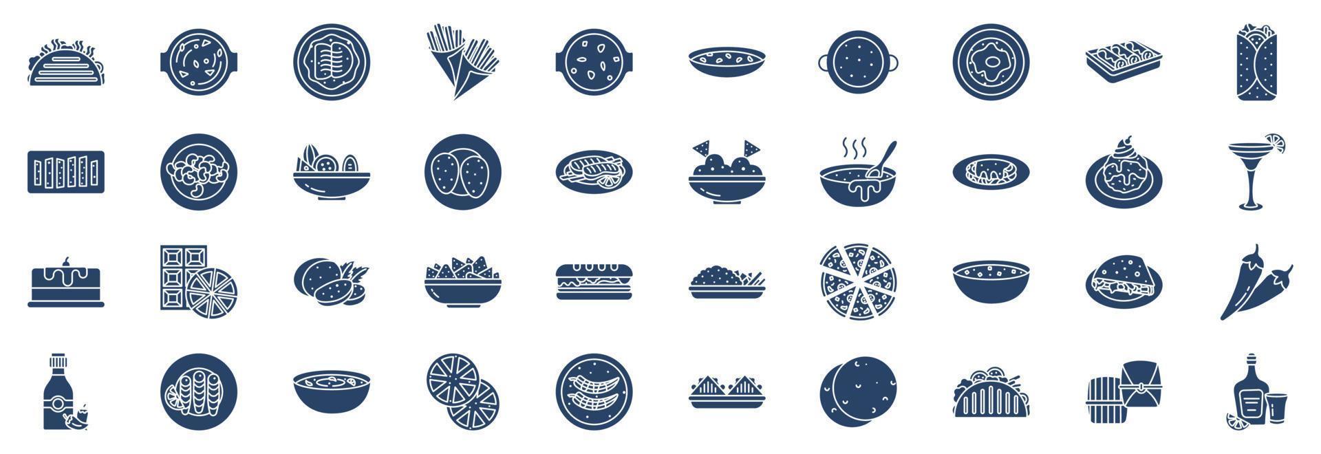 Collection of icons related to Mexican food, including icons like Soup, Cocido, Churro, Duros, Fajita and more. vector illustrations, Pixel Perfect set