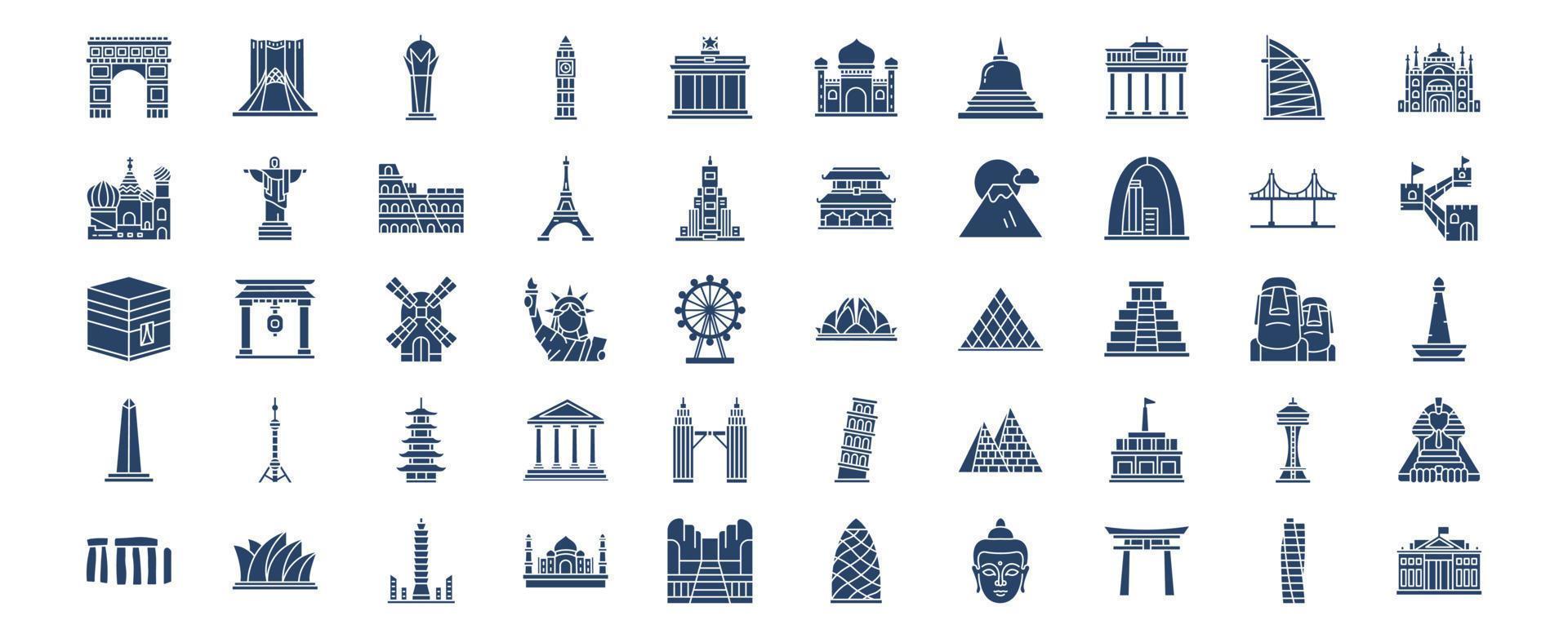 colección de íconos relacionados con lugares famosos del mundo, incluidos íconos como taj mahal, taipei, torii y más. ilustraciones vectoriales, conjunto perfecto de píxeles vector