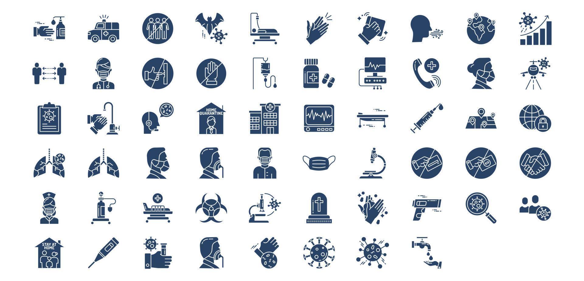 Collection of icons related to Hygiene and covid virus, including icons like Ambulance, Antiseptic, Cleaning, Cough and more. vector illustrations, Pixel Perfect set