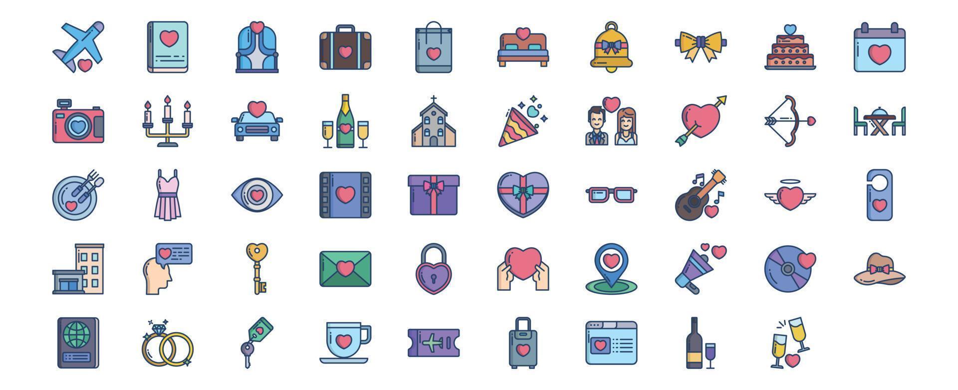 Collection of icons related to Honeymoon and romance, including icons like Airplane, Photo album, Bag, Cake and more. vector illustrations, Pixel Perfect set