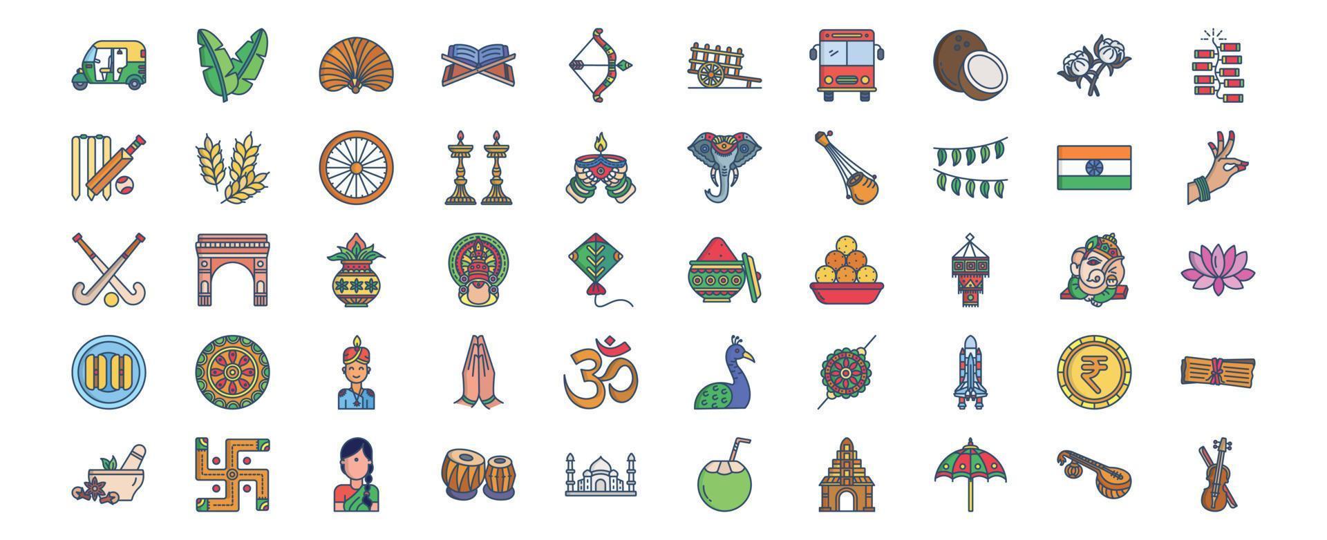 Collection of icons related to India country and culture, including icons like Banana Leaf, Coconut, Hokey, Elephant and more. vector illustrations, Pixel Perfect set