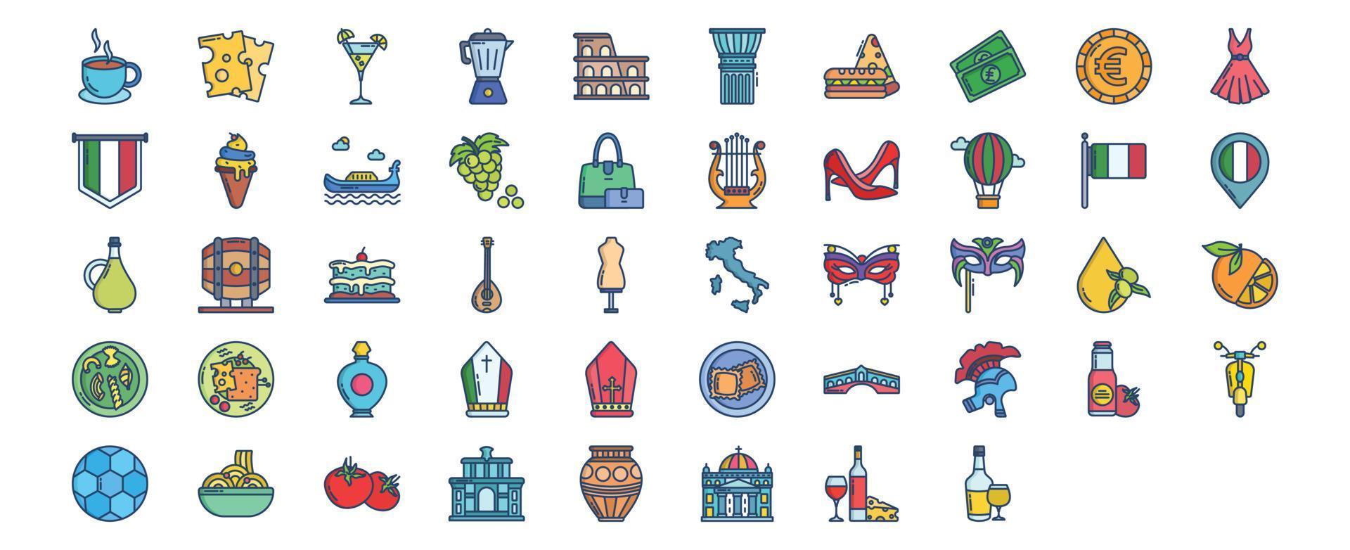 Collection of icons related to Italy country and culture, including icons like Cappuccino, Cheese, Cocktail, Coffee Pot and more. vector illustrations, Pixel Perfect set