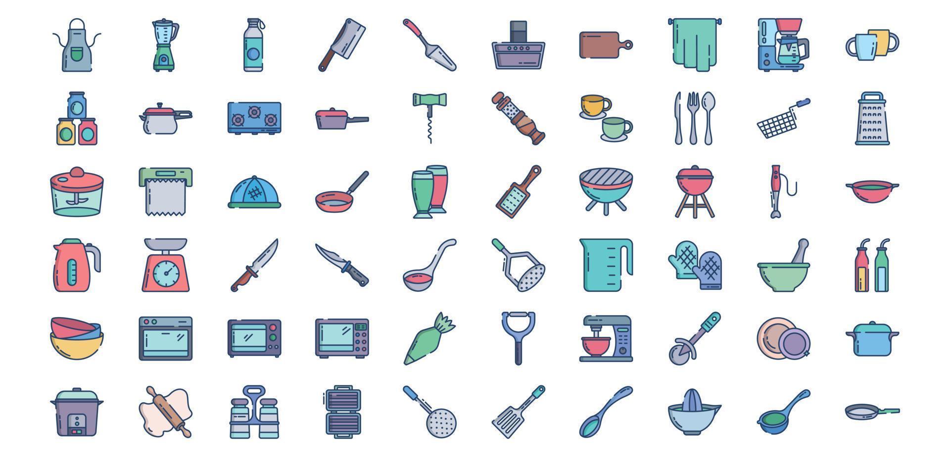 Collection of icons related to Kitchen Tools, including icons like Apron, Butcher knife, Cooker, Coffee mug and more. vector illustrations, Pixel Perfect set