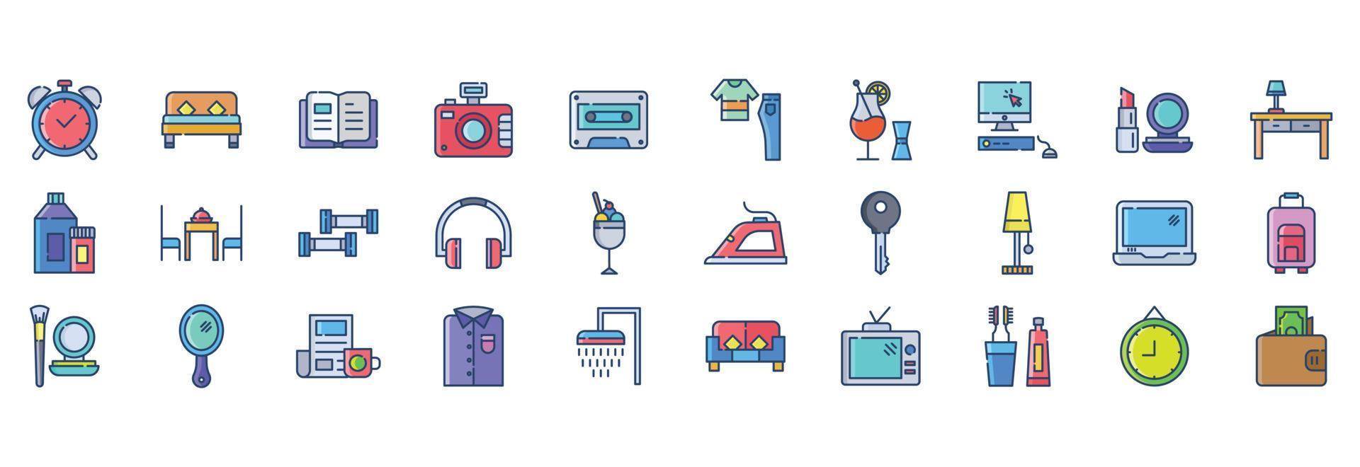 Collection of icons related to Lifestyle, including icons like Alarm, Bed, Book, Camera and more. vector illustrations, Pixel Perfect set