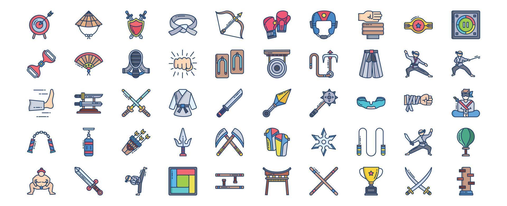 Collection of icons related to Martial arts and karate, including icons like Judo, Ninja, Sumo, Kick and more. vector illustrations, Pixel Perfect set