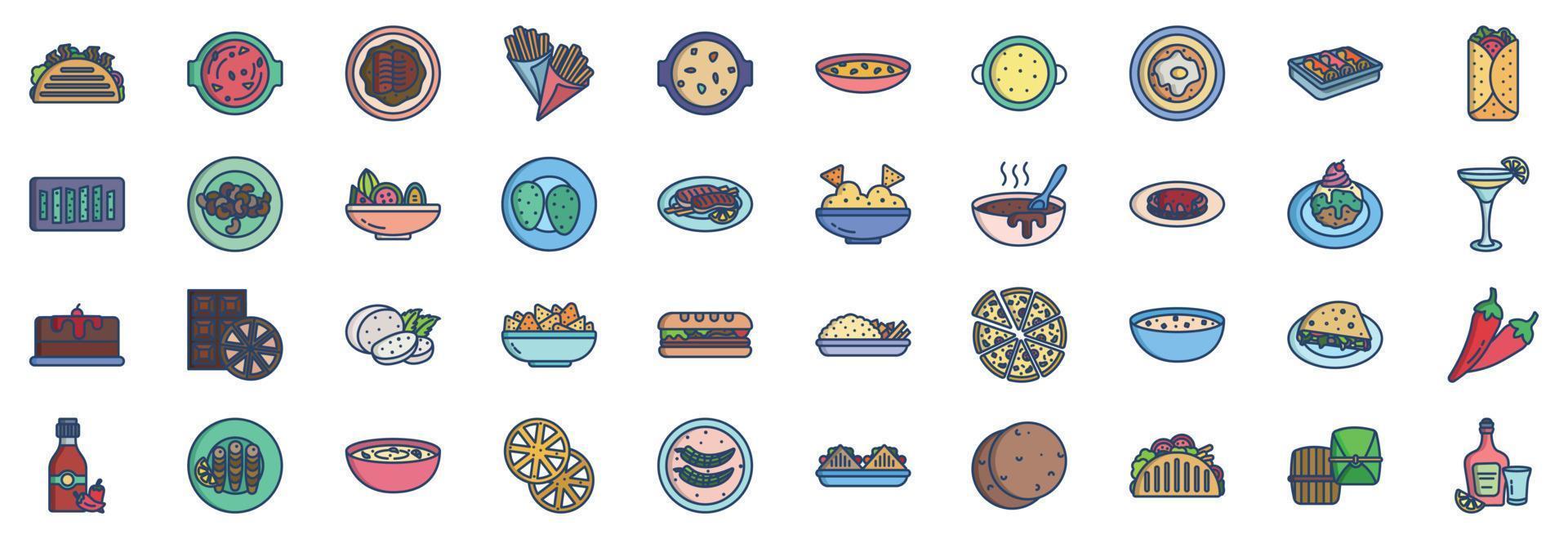 Collection of icons related to Mexican food, including icons like Soup, Cocido, Churro, Duros, Fajita and more. vector illustrations, Pixel Perfect set