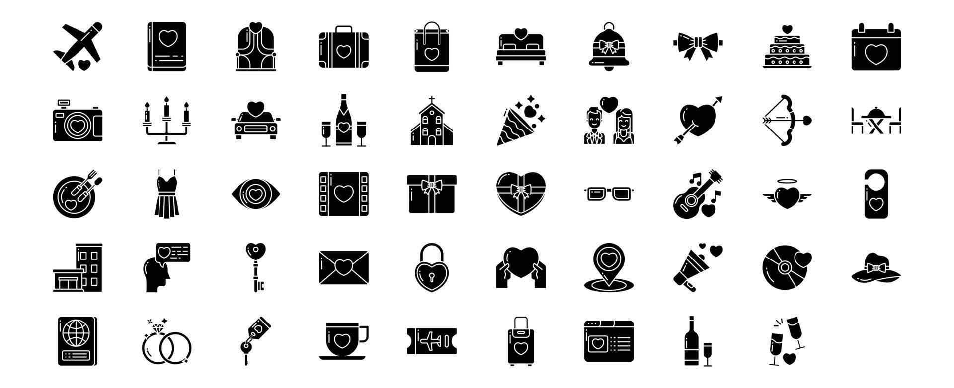 Collection of icons related to Honeymoon and romance, including icons like Airplane, Photo album, Bag, Cake and more. vector illustrations, Pixel Perfect set