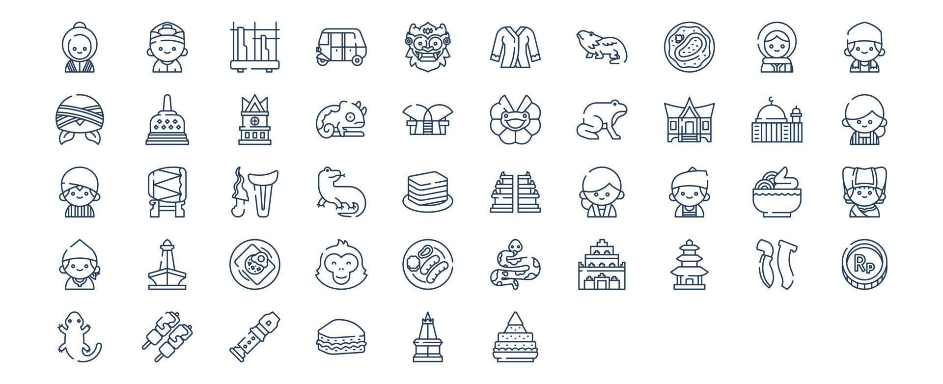 Collection of icons related to Indonesia, including icons like Bajaj auto, Barong Mask, Komodo, Chicken and more. vector illustrations, Pixel Perfect set
