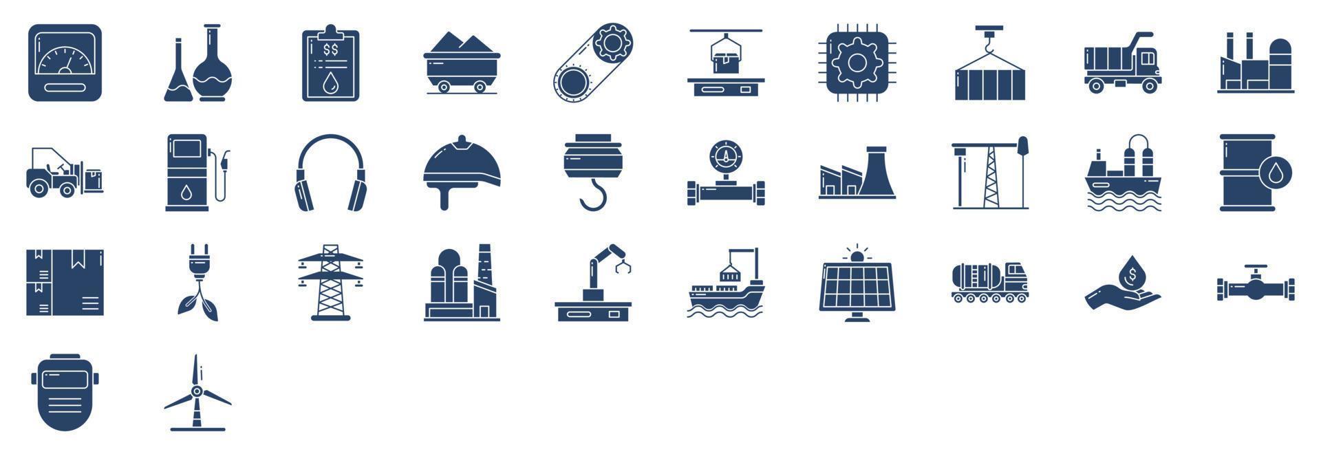 Collection of icons related to Industry and factory, including icons like Dump Truck, Coal,  Oil, Crane and more. vector illustrations, Pixel Perfect set