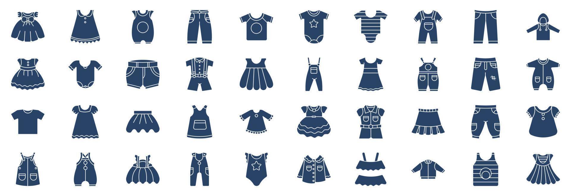 Collection of icons related to Kids Clothing and dress, including icons like Short, pants, short, and more. vector illustrations, Pixel Perfect set