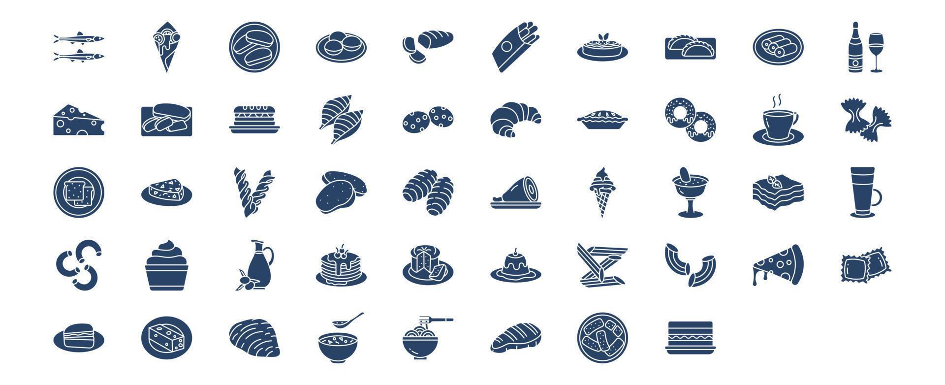Collection of icons related to Italian food and dish, including icons like Anchovy, Arancini, Biscotto, Bombolone and more. vector illustrations, Pixel Perfect set