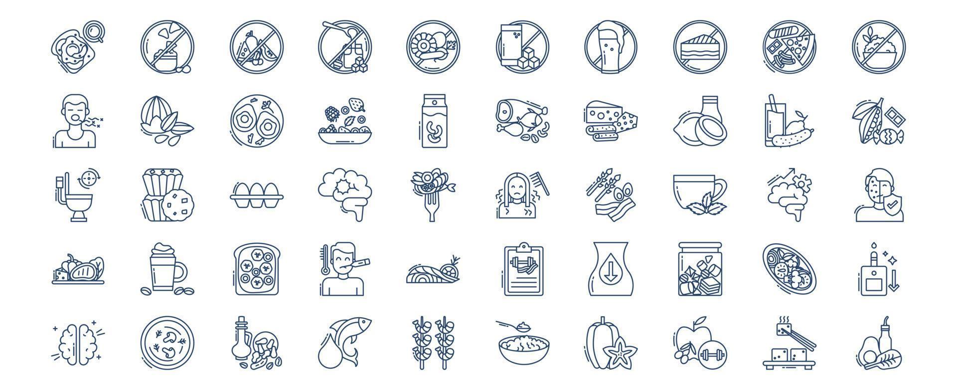 Collection of icons related to Keto Diet and food, including icons like Avocado, Grains,  egg, Cheese  and more. vector illustrations, Pixel Perfect set