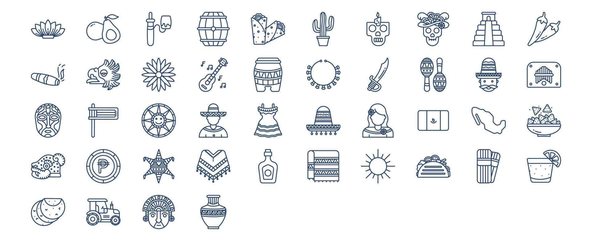 Collection of icons related to Mexico national and culture, including icons like Agave, Avocado, Barrel, Burrito and more. vector illustrations, Pixel Perfect set