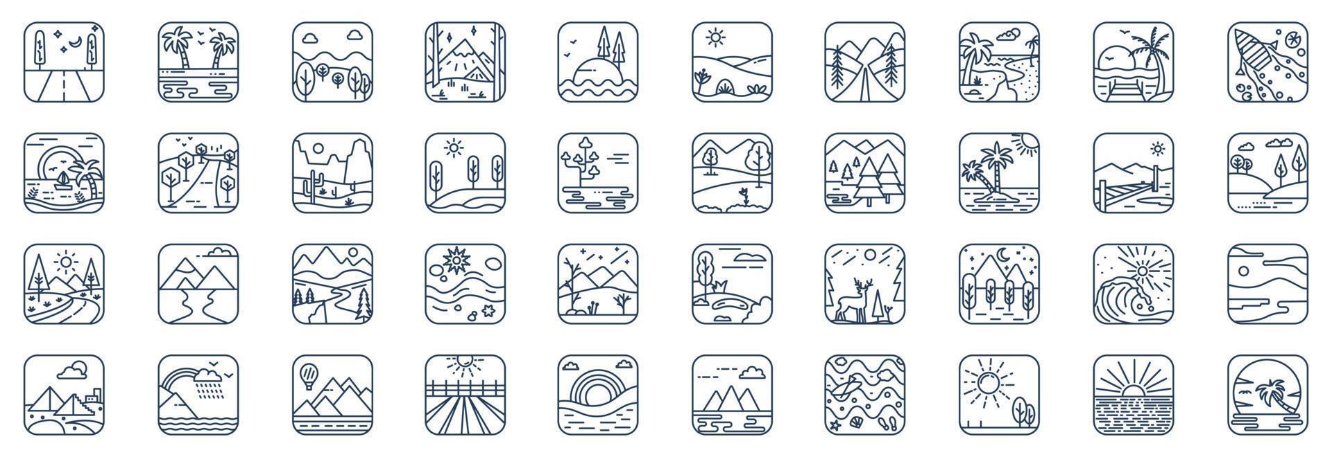 Collection of icons related to Nature Landscape, including icons like River, mountain, tree, sky and more. vector illustrations, Pixel Perfect set