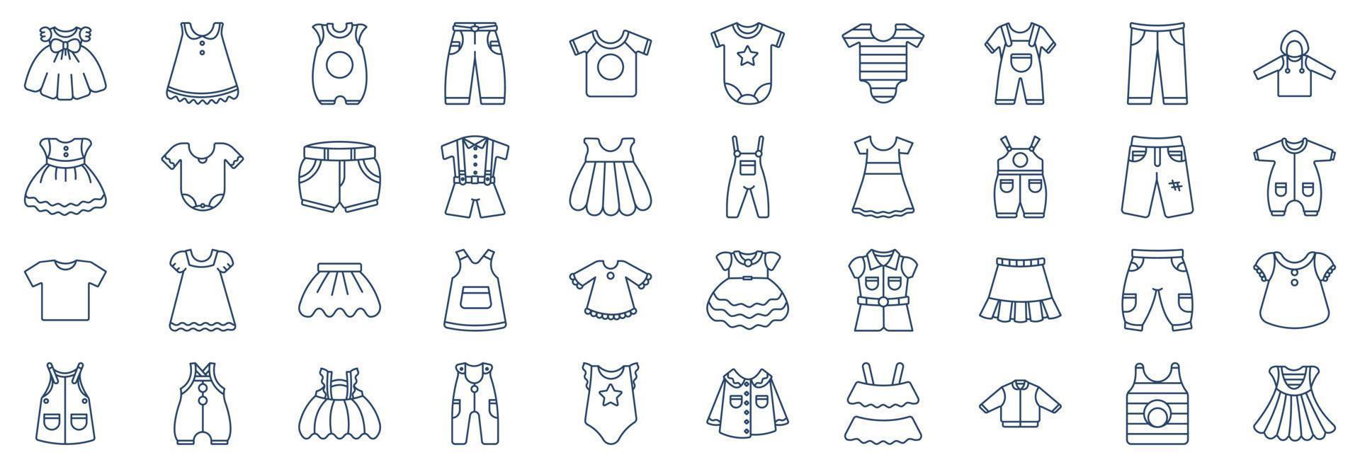 Collection of icons related to Kids Clothing and dress, including icons like Short, pants, short, and more. vector illustrations, Pixel Perfect set