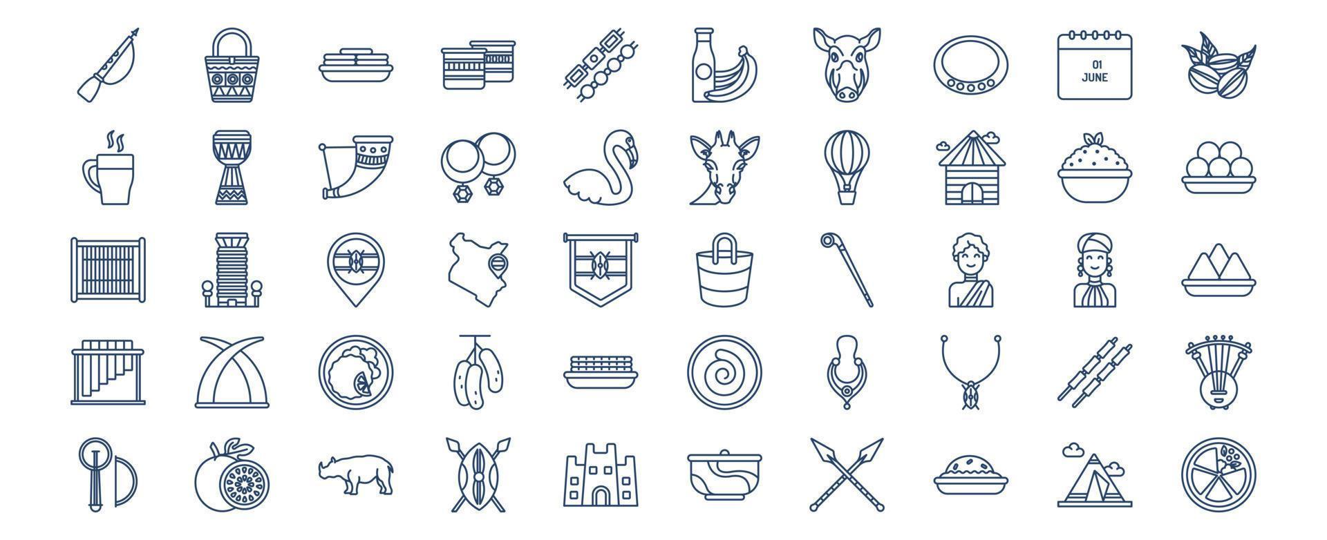 Collection of icons related to Kenya country and culture, including icons like Maasai,  Bracelet, Djembe, Drinking Horn, and more. vector illustrations, Pixel Perfect set